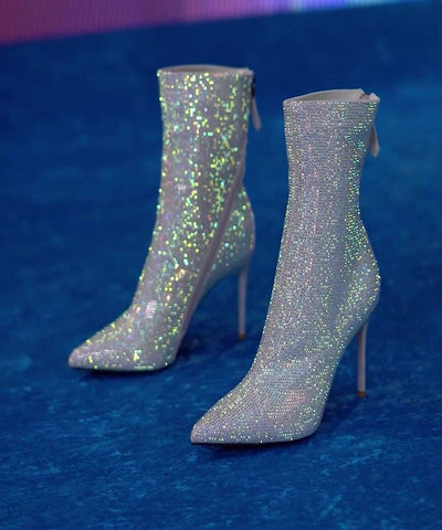 Silberne Stiletto-Zirkon-handgefertigte Spleißstiefel mit flauschiger Wolle 