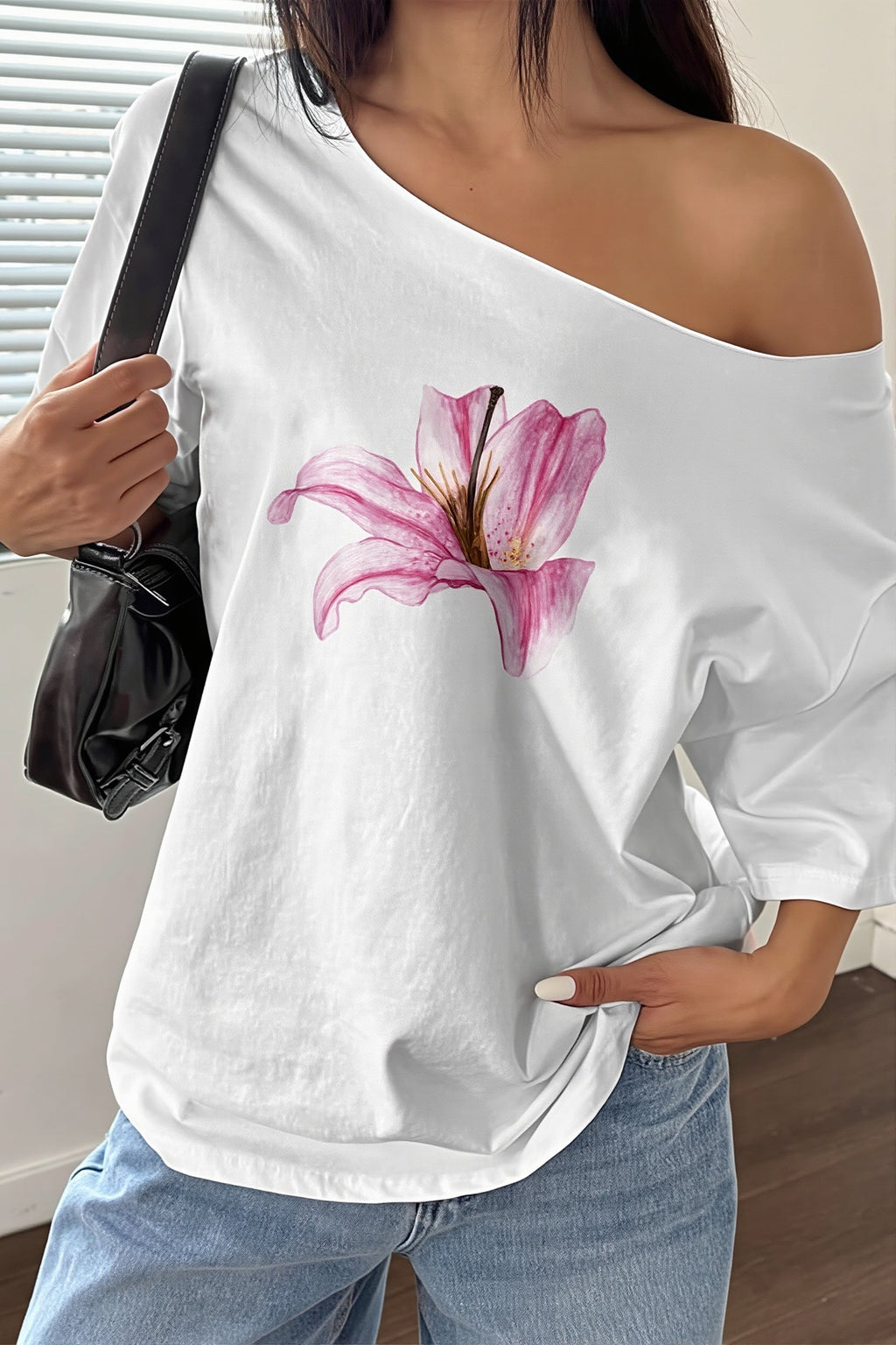 Lily Print Asym Off‑Shoulder T‑shirt