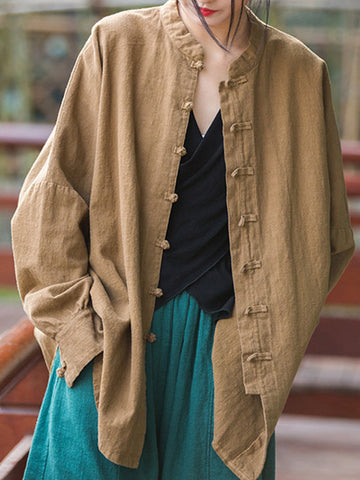 Blusas plisadas de color liso con cuello alto, mangas murciélago y botones de rana chinos sueltos. 