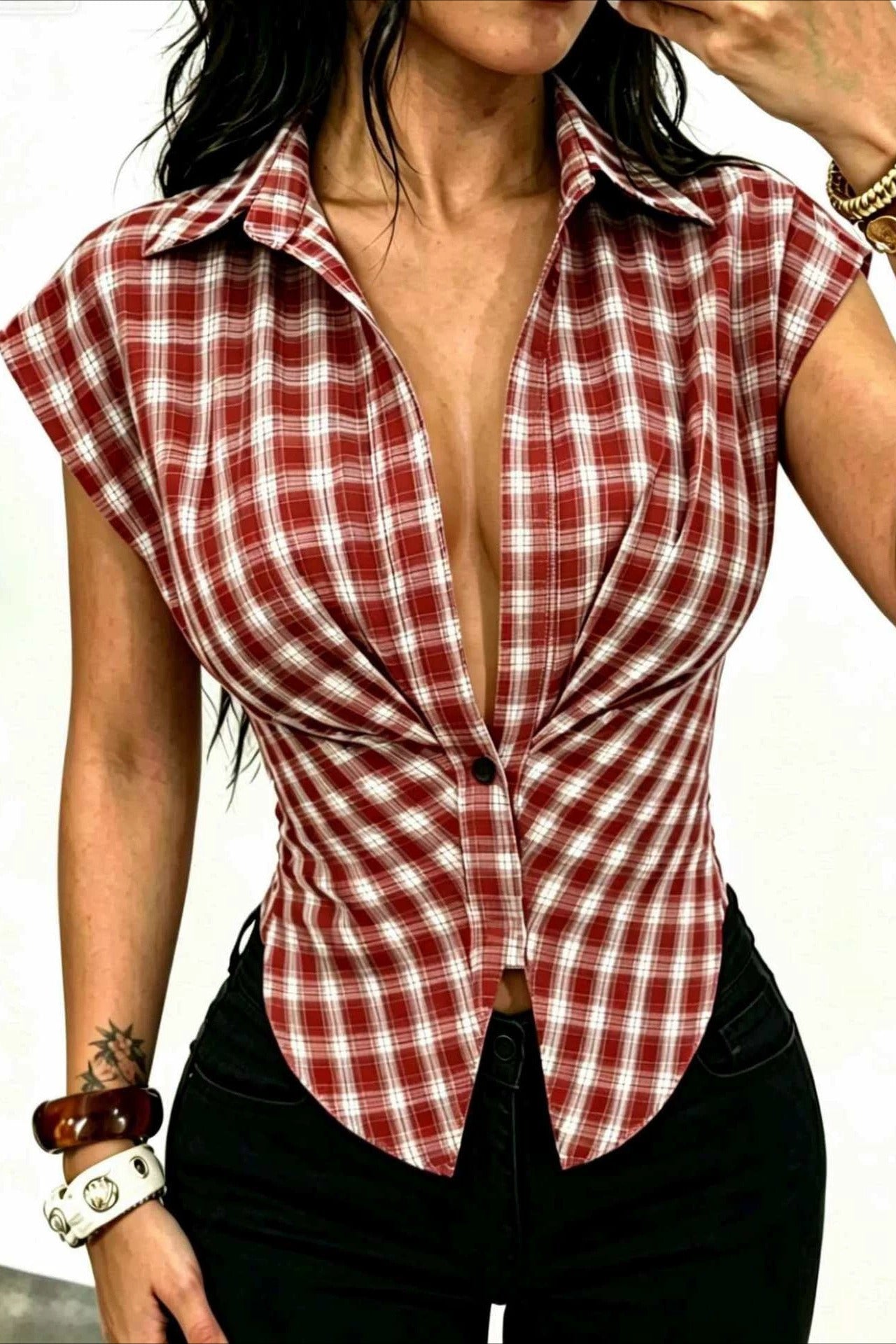 Plaid Crop Short Sleeve Collar Blouse