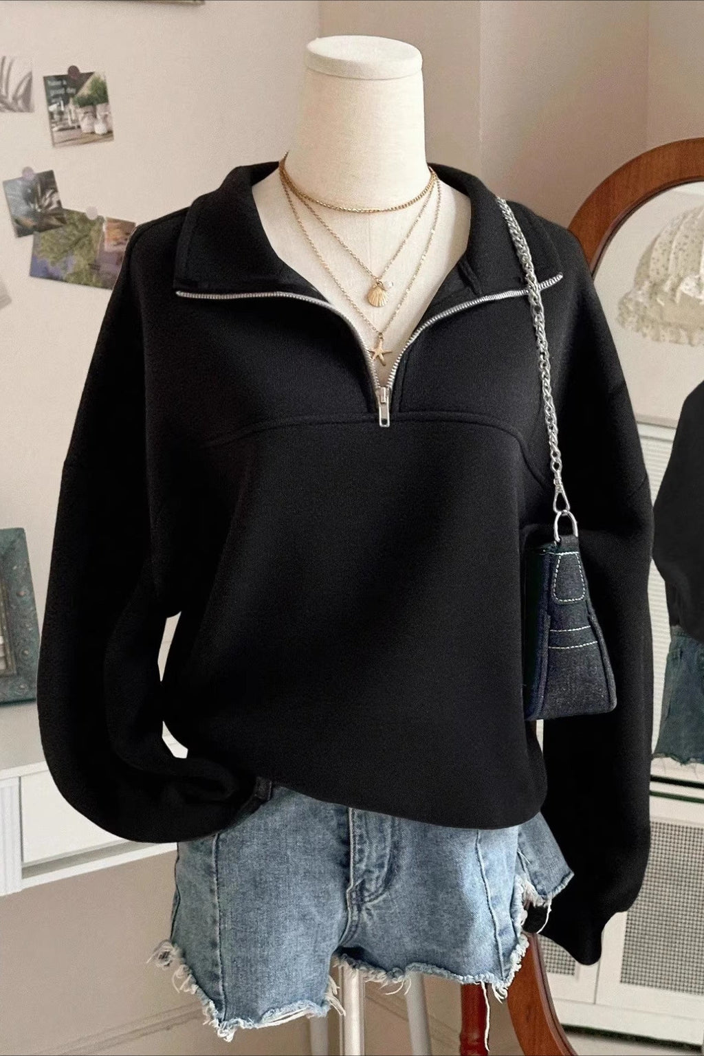 Solid Half Zip Loose V-Neck Sweatshirts