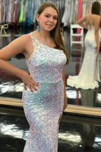 Meerjungfrauen-Abendkleid mit One-Shoulder-Verschluss, hellblau, Pailletten, lang, mit Schleier