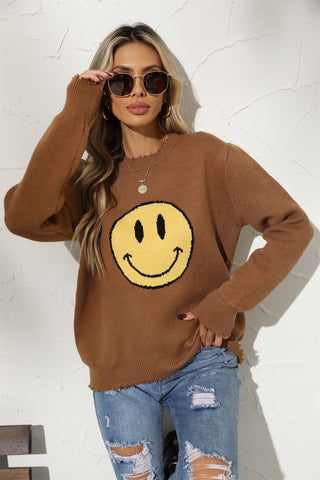 Suéter de punto holgado con cuello redondo de algodón y carita sonriente para mujer de oficina, estilo europeo 