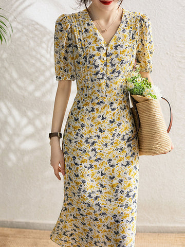 Vestido retro floral con mangas abullonadas 