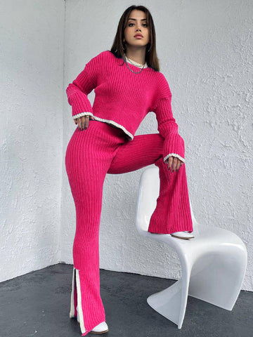 Autumn Winter Knitting Trousers Set Round Neck Long Sleeve Short Sweater Color Contrast Patchwork Slit Knitted Two Piece Set for Women