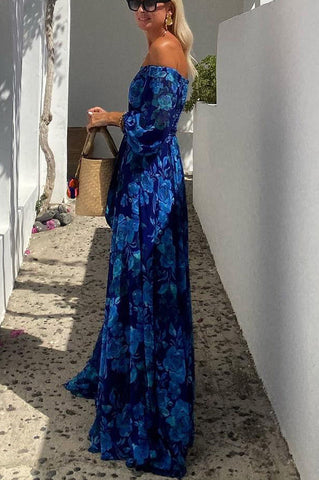 Vestido largo de vacaciones con hombros descubiertos y fruncido en la espalda con estampado floral "With Love" 