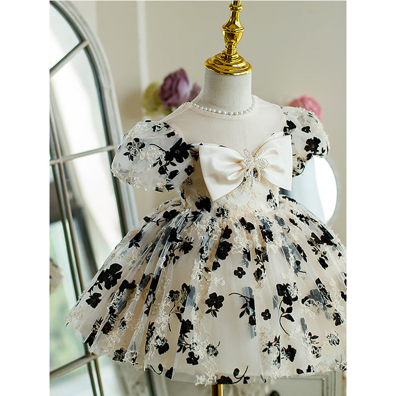 Kleinkind-Abendkleid, kleines Mädchen, Prinzessinnenkleid mit Schleife, bedruckt, flauschig, Kommunionskleid 