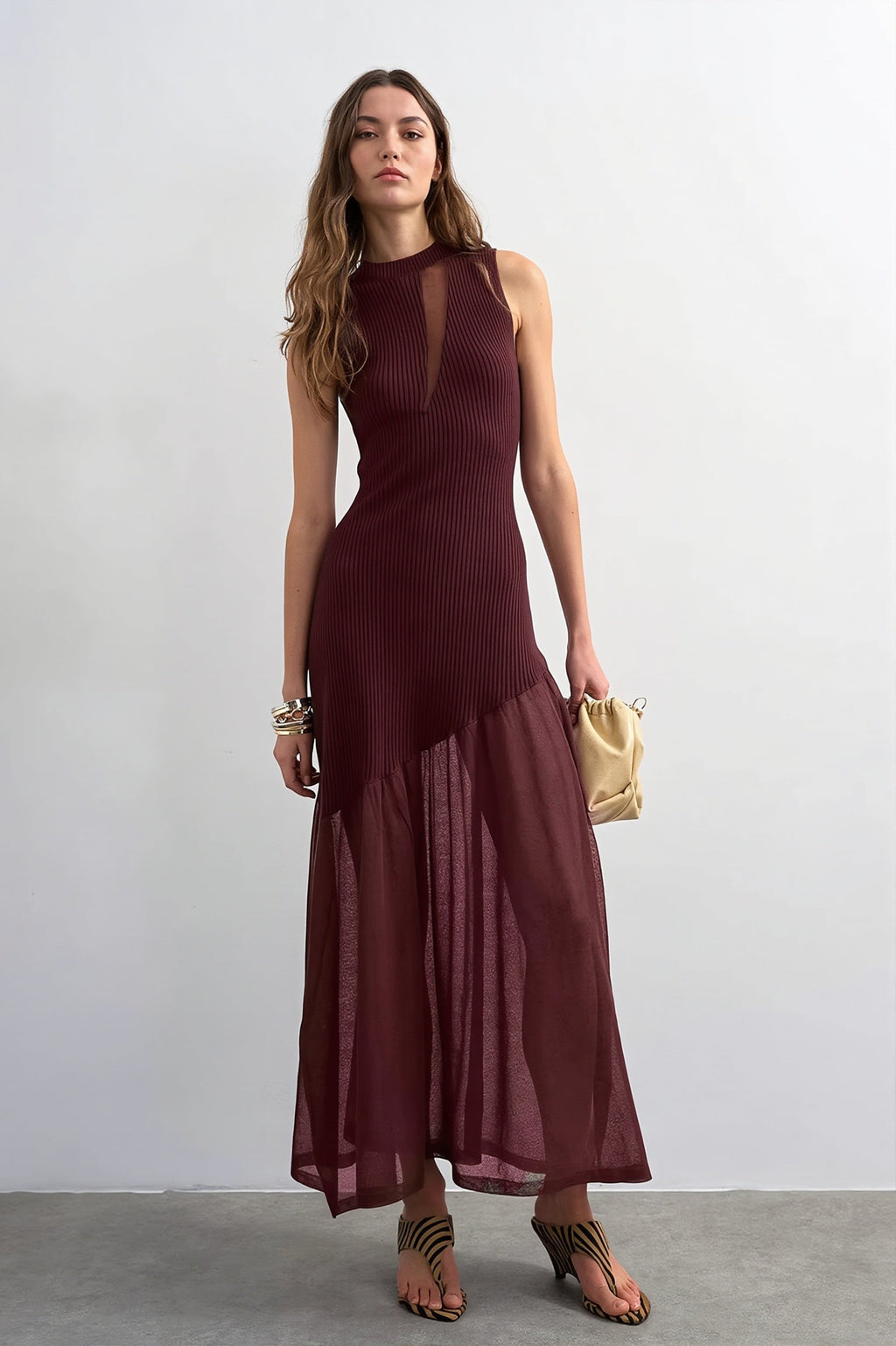 Ribbed Knit Mesh Splice Maxi Dress