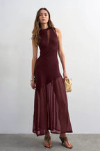 Ribbed Knit Mesh Splice Maxi Dress
