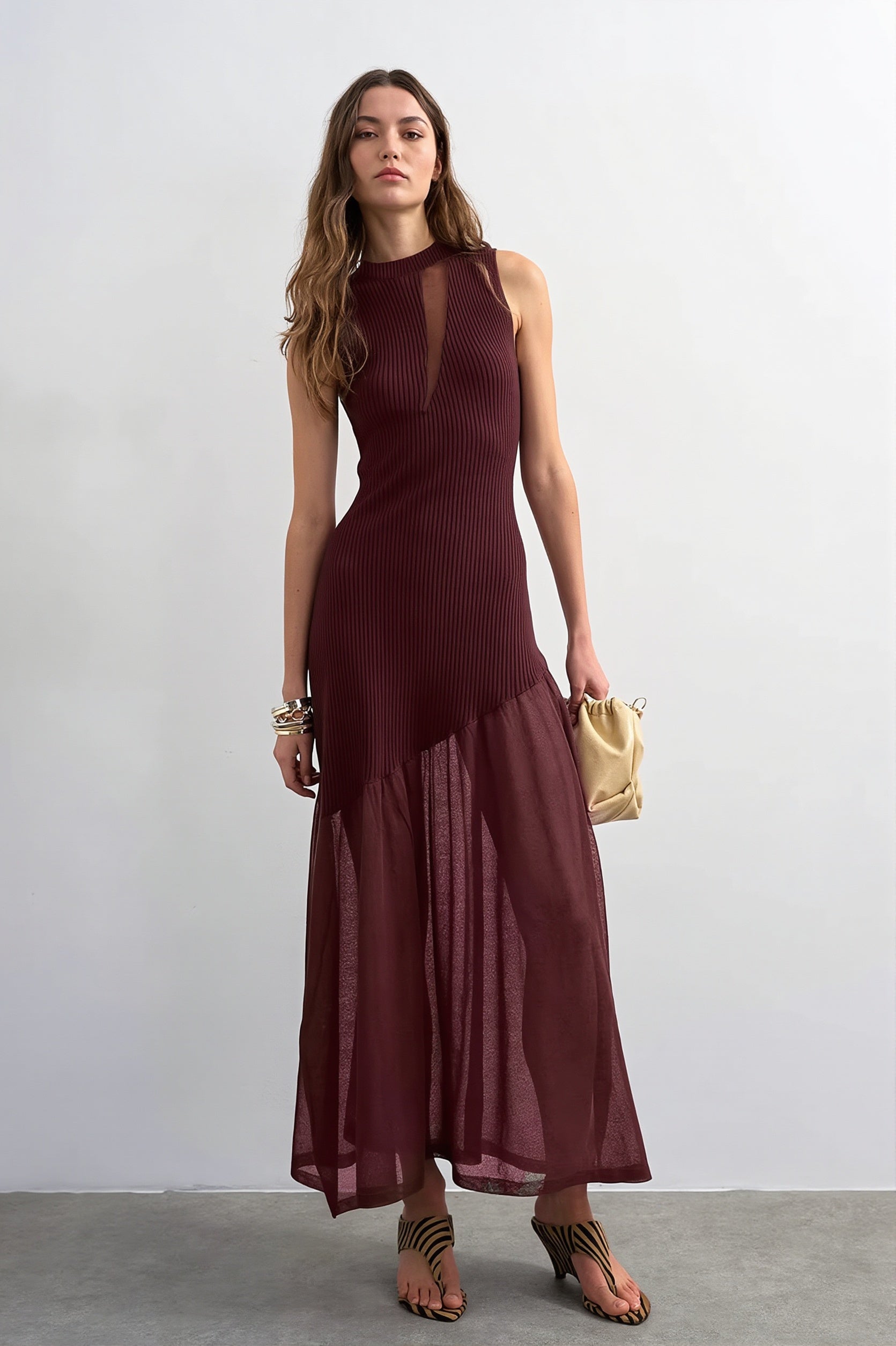 Ribbed Knit Mesh Splice Maxi Dress
