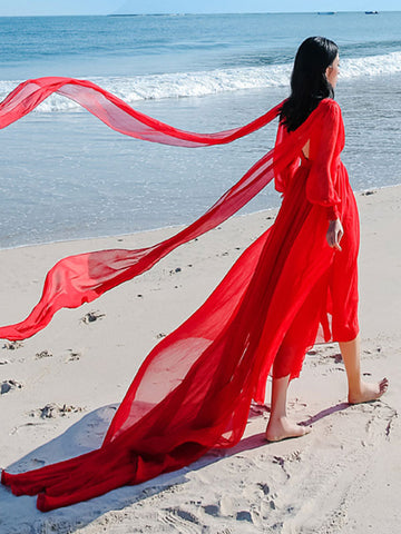 White Maxi Dress Long Sleeves Crepe Chiffon Beach Wedding Dress