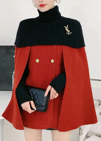 Elegante Weiße O-Neck Strick Patchwork Cape Und Wollmäntel Zwei Stück Set Frühling 