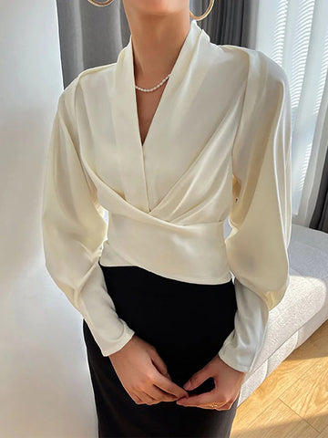 Long Sleeves Solid Color Zipper V-neck Blouses&shirts Tops