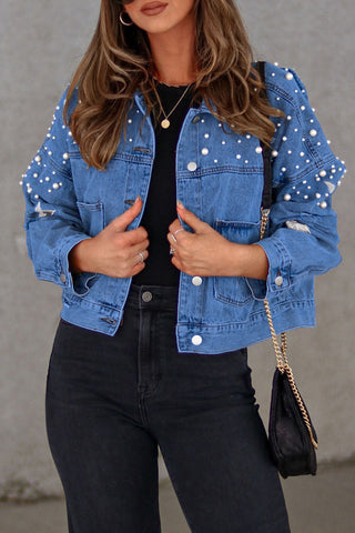 Chaqueta vaquera informal de manga larga con cuello vuelto y cuentas lisas (3 colores) 