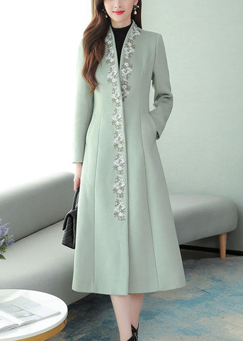 Mintgrüner Maxi-Trenchcoat aus Wolle mit Blumenstickerei und langen Ärmeln 