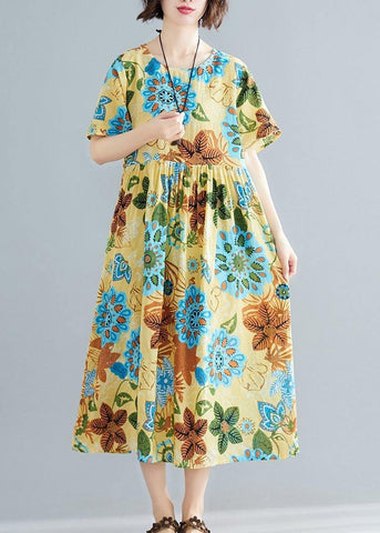Túnica de algodón con estampado amarillo DIY, cuello redondo, patchwork, vestido de verano de talla grande 