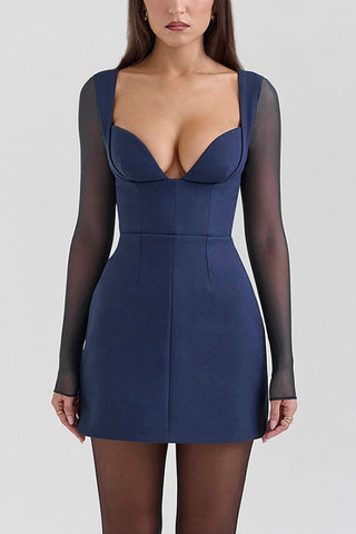Deep V Neck Mesh Patchwork Long Sleeve A-Line Mini Dresses-Blue Pre Order