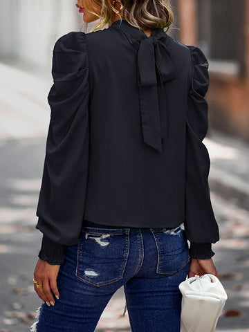 Bishop Sleeve Long Sleeves Pleated Solid Color Mock Neck Blouses&Shirts Tops