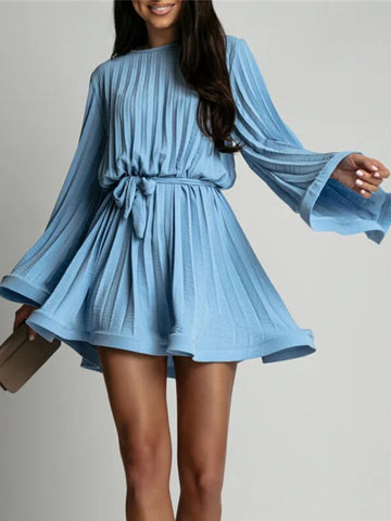 Skater Dresses Jewel Neck Long Sleeves Lace Up Chic Flared Dress Mini Dresses