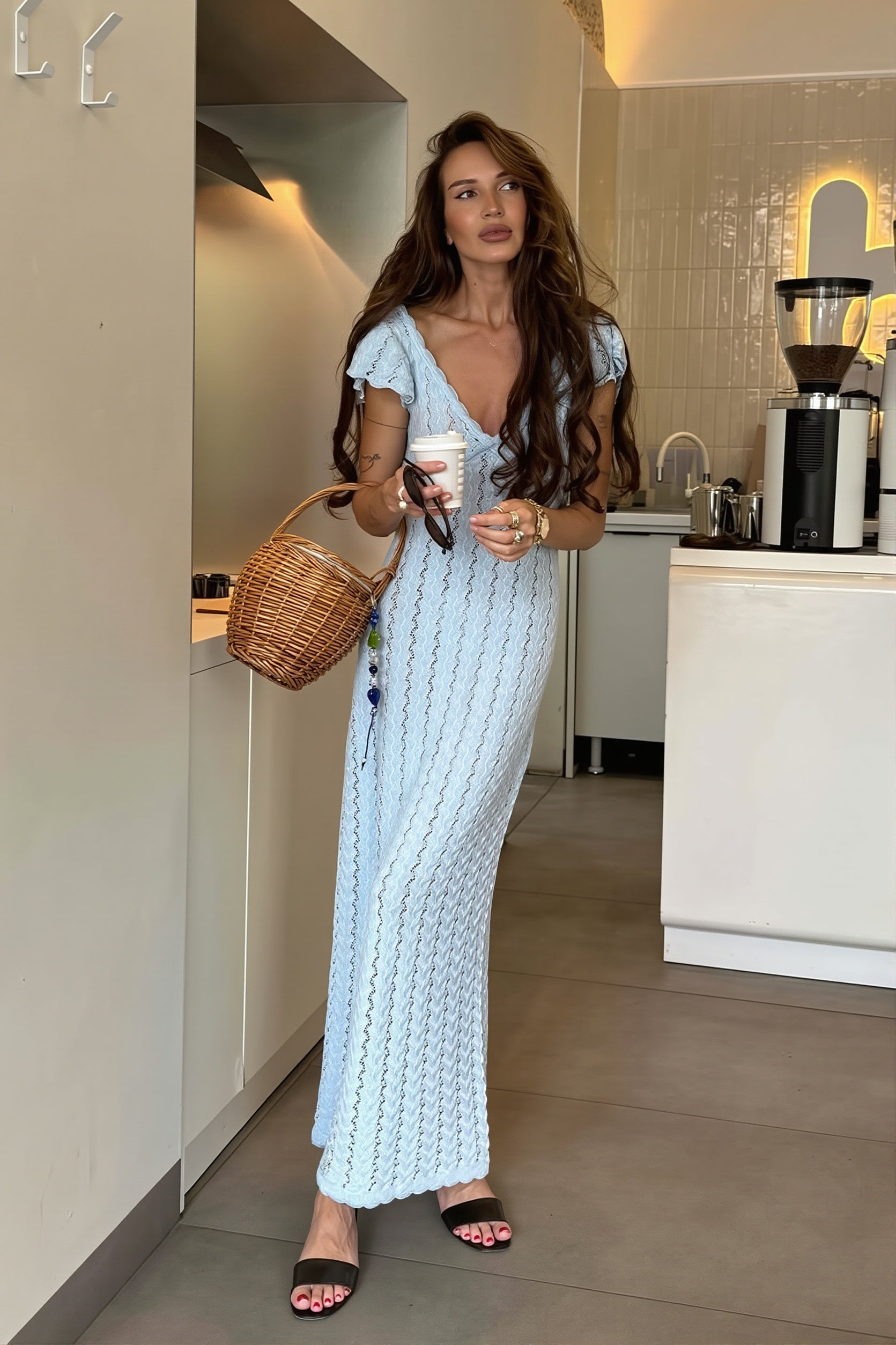 Knit V-Neck Backless Ruffle Maxi Dress