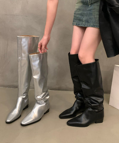 Schlichter Stil Chunky Boots Schwarzes Rindsleder 