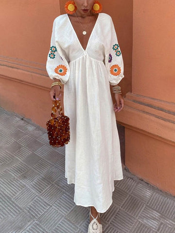 Rückenfreies Maxikleid mit Blumendruck im Graffiti-Stil, V-Ausschnitt und Laternenärmeln 