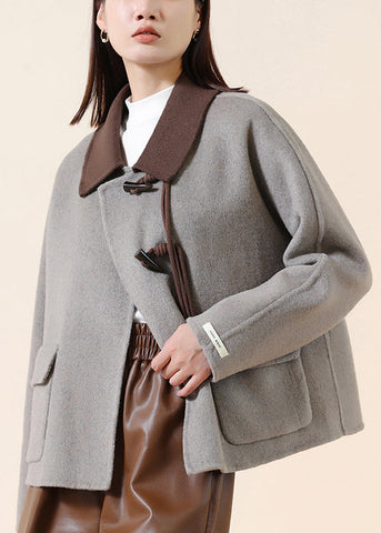 Abrigos de lana con botones chinos y patchwork con borlas grises de moda para invierno 