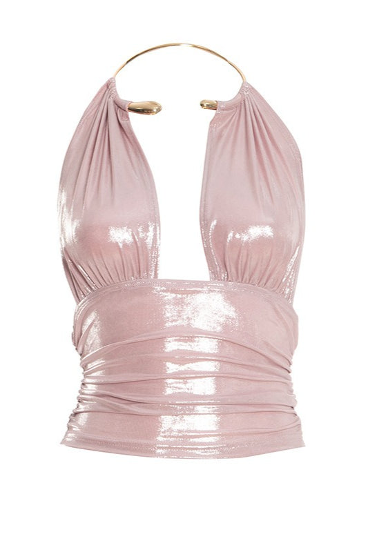 Glossy Metal Ring Backless Halter Top