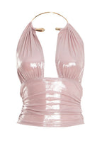 Glossy Metal Ring Backless Halter Top