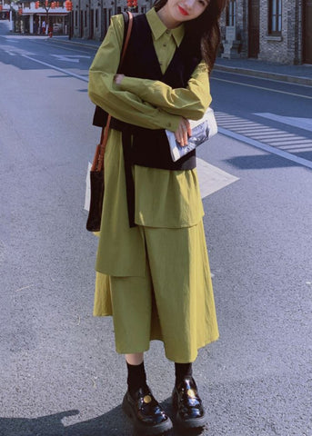 Conjunto de dos piezas de chaleco negro y vestido largo verde con patchwork francés y manga larga 