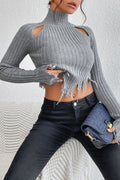 Distressed High Neck Cropped Knit Sweater