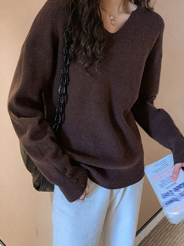 Suéter informal holgado de manga larga con cuello en V y color liso 