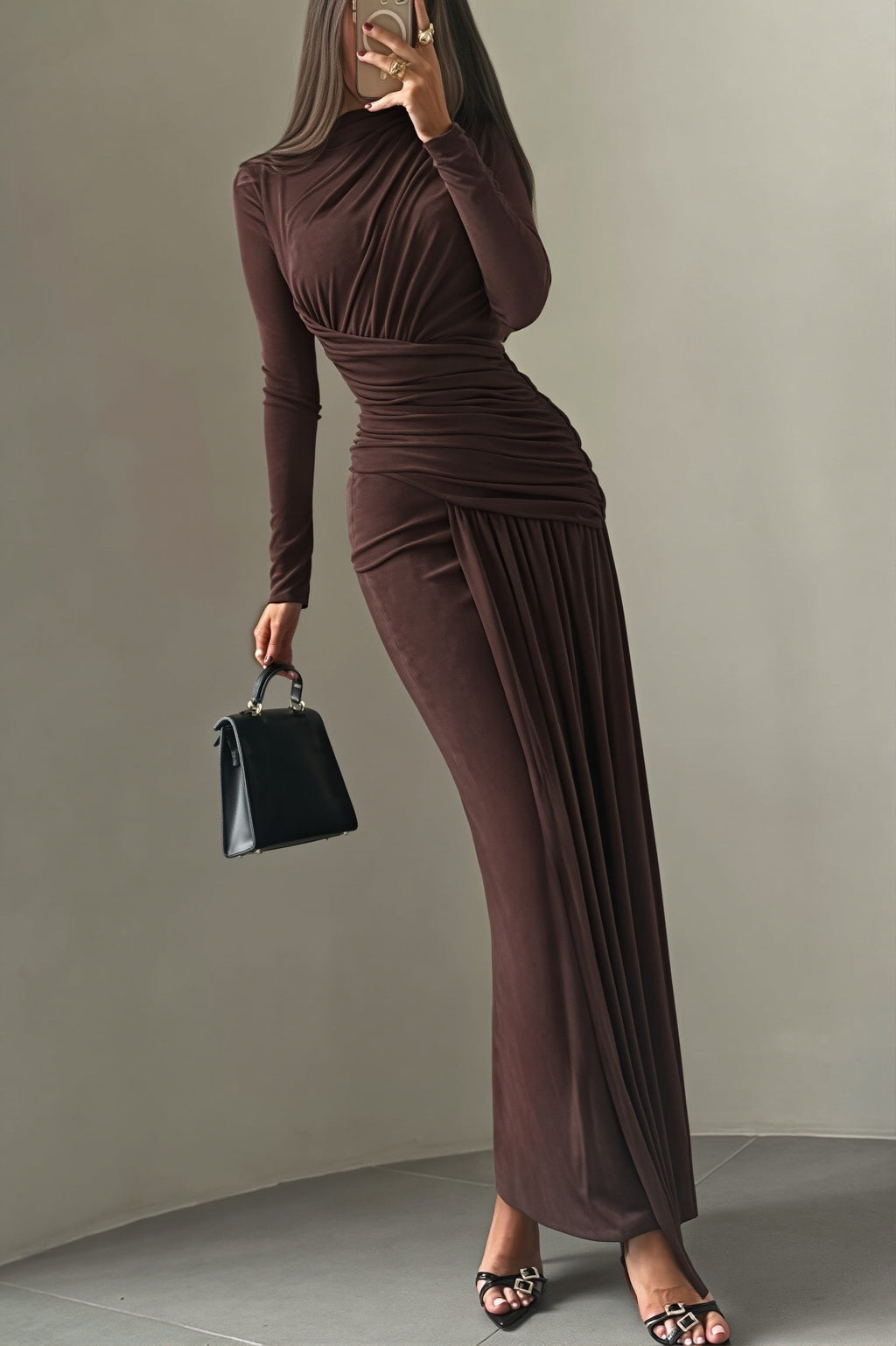 Simple Solid Long Sleeve Maxi Dress