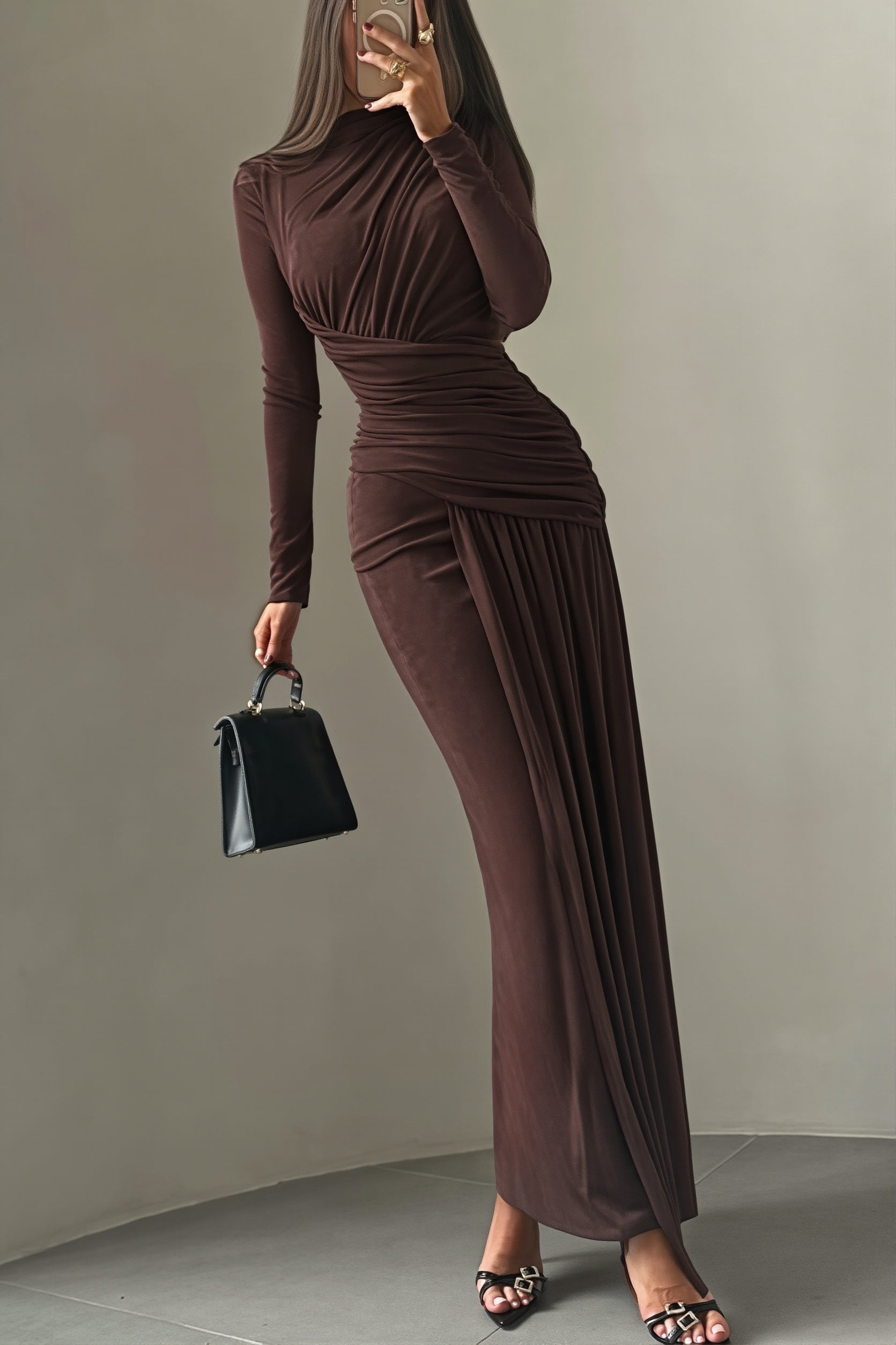 Simple Solid Long Sleeve Maxi Dress