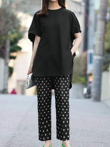 High-Low Loose Elasticity Solid Color Split-Side Rundhals-T-Shirts Tops 