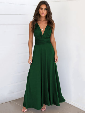 Vestido maxi sexy de cumpleaños sin mangas con escote pronunciado y espalda descubierta, vestido de noche de color sólido 