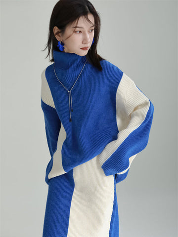 Lässiges, lockeres, langärmliges, hochgeschlossenes Pullover-Oberteil und Rock in Kontrastfarbe, zweiteiliges Set 