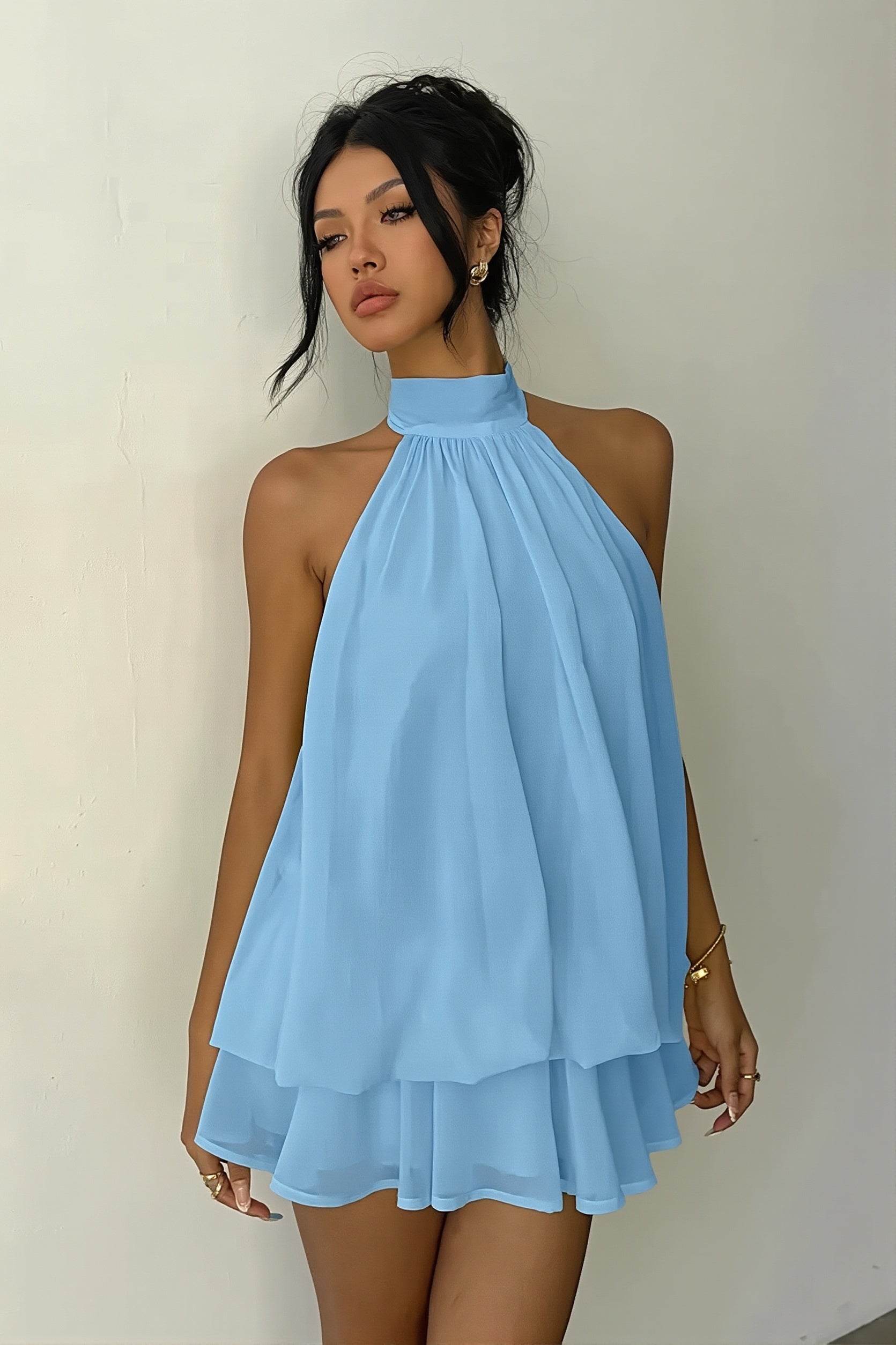Vacation Halter Backless High Waist Flowy Mini Dress