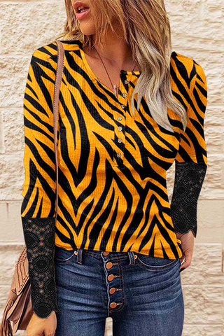 Casual Print Buckle O Neck Tops(6 Colors)