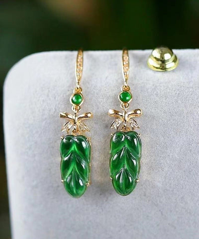 New Green Sterling Silver Overgild Jade Lea Drop Earrings