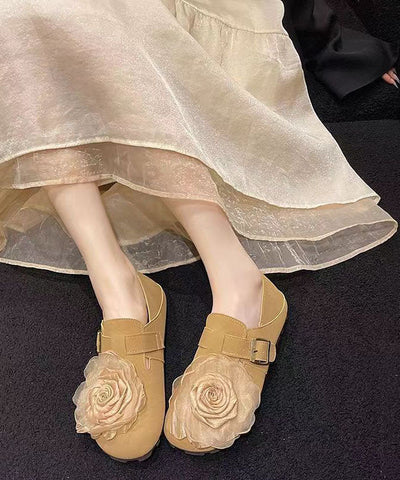 Zapatos planos de piel sintética con estampado floral color caqui y empalme suave para mujer 
