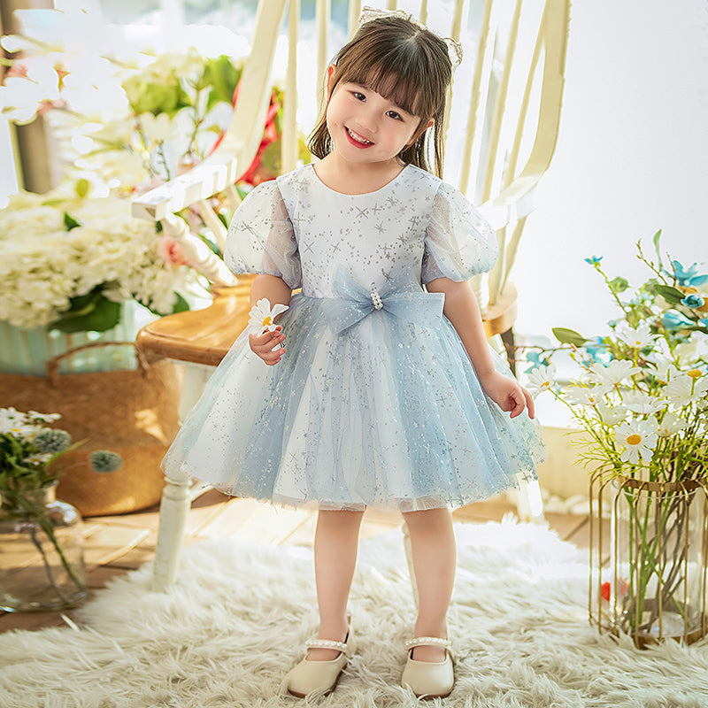 Baby Girl Dress Toddler Communion Summer Blue Round Neck Puff Sleeve Birthday Party Dress