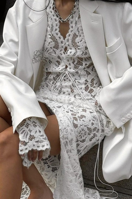 Lace Deep VLong Sleeve Split Maxi Dress