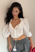 Cotton Hollow Puff Sleeve V Neck Tie Blouse