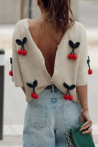 Short Sleeves Button Up Cherry Decorative Knit Sweater