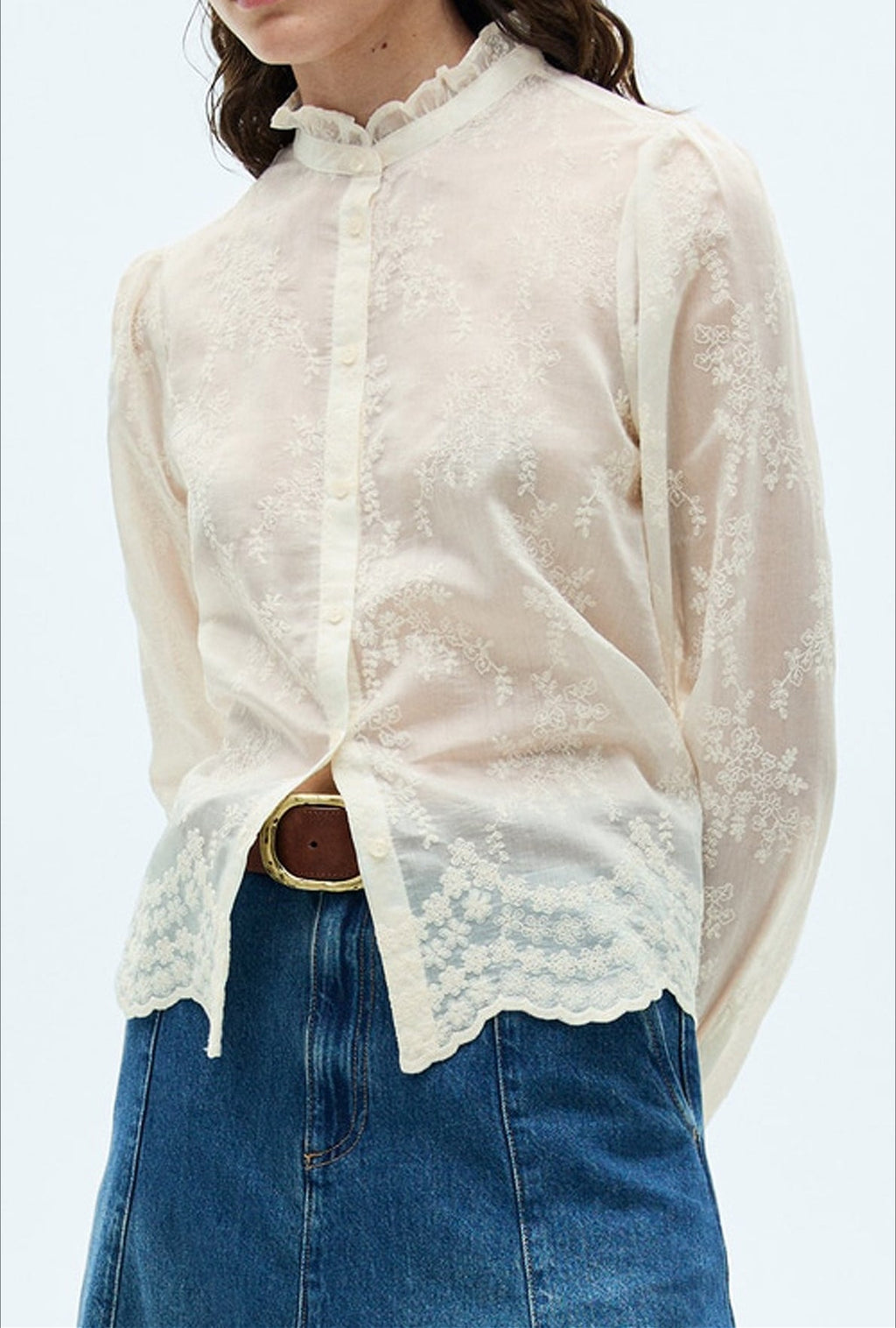 Sheer Tencel Chiffon Embroidered Blouse