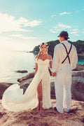 Vestidos de novia de chifón largos de encaje con hombros descubiertos para la playa