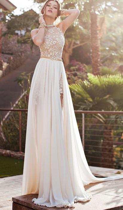 Wunderschönes, rückenfreies Spitzenkleid mit hohem Ausschnitt und Neckholder für Hochzeit und Party