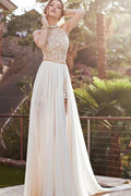 Wunderschönes, rückenfreies Spitzenkleid mit hohem Ausschnitt und Neckholder für Hochzeit und Party
