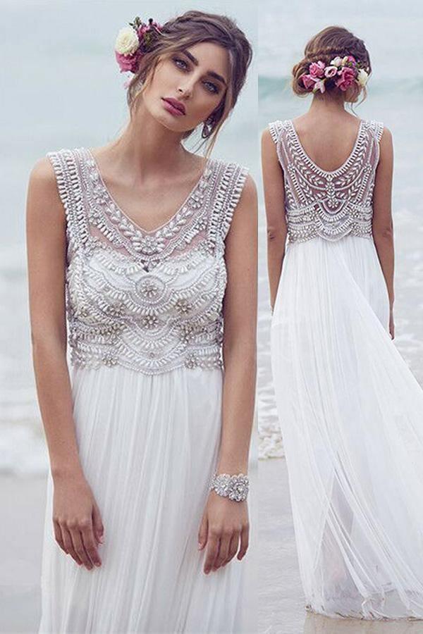 Strandhochzeitskleider A-Linie V-Ausschnitt Kurze Schleppe Sexy Brautkleid